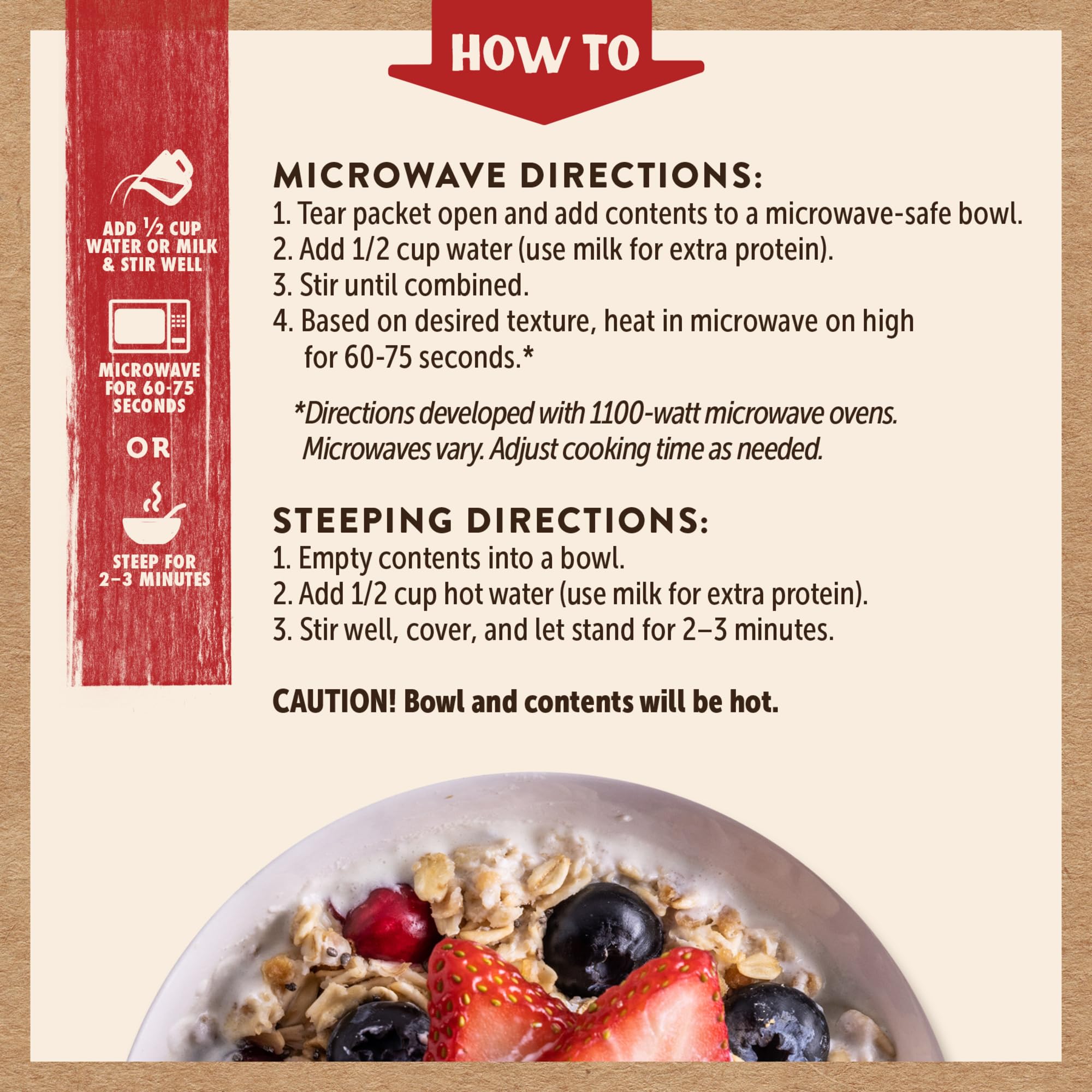 Nutrition label on Kodiak Cakes Peak Oatmeal packet showing 20g protein.