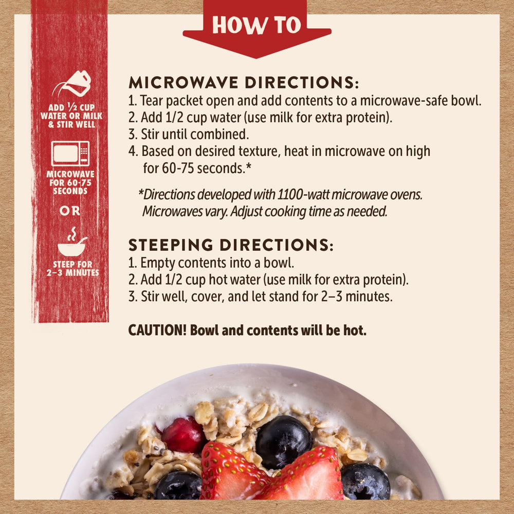 Nutrition label on Kodiak Cakes Peak Oatmeal packet showing 20g protein.