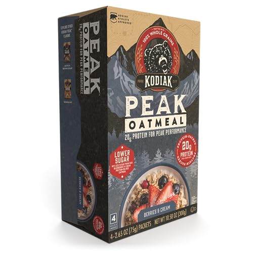 Pouring Kodiak Cakes Peak Oatmeal into hot water for quick breakfast.