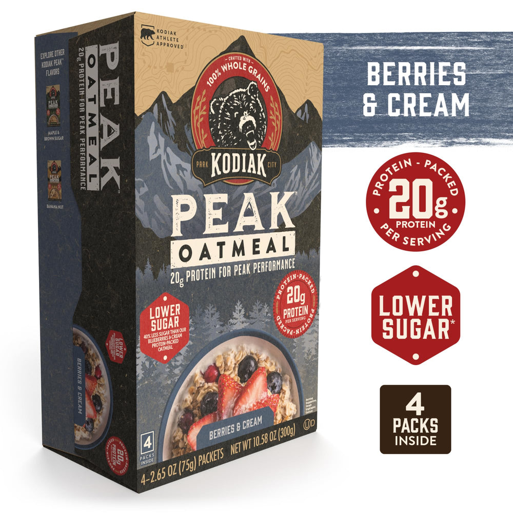Steaming cup of Kodiak Cakes Peak Oatmeal ready to enjoy.