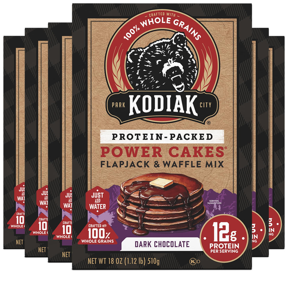 Kodiak Cakes Power Cakes Dark Chocolate packaging shows protein-rich breakfast option.