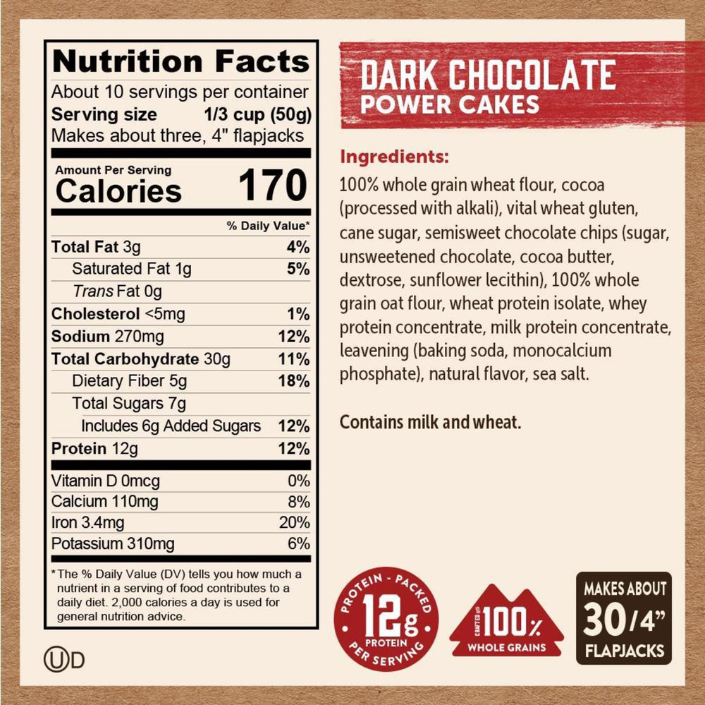 Stack of dark chocolate pancakes by Kodiak Cakes with fluffy texture.