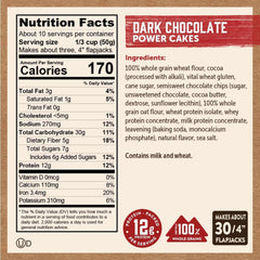 Stack of dark chocolate pancakes by Kodiak Cakes with fluffy texture.