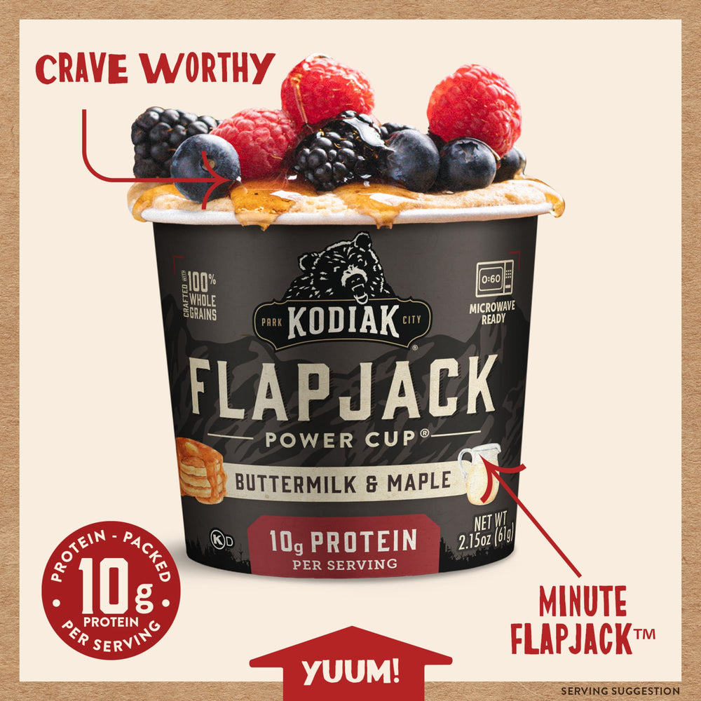 Kodiak Cakes packaging suggests versatile breakfasts, snacks, or desserts.