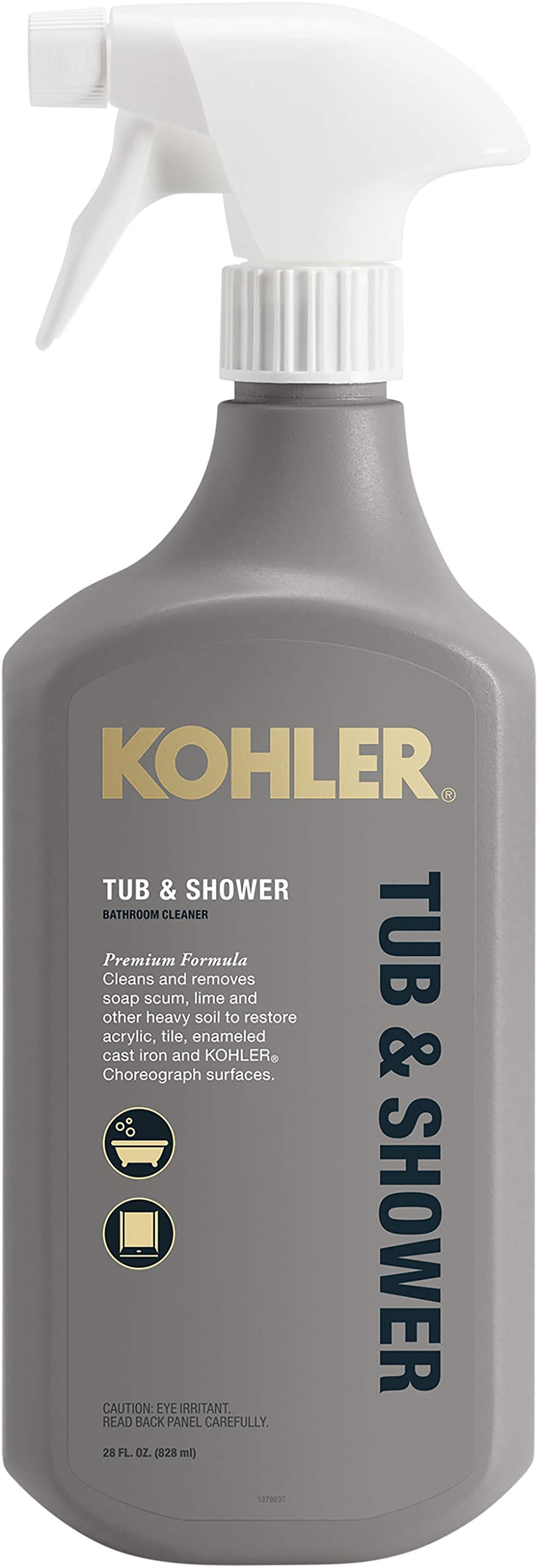 Kohler tub and shower cleaner bottle for removing soap scum and grime.