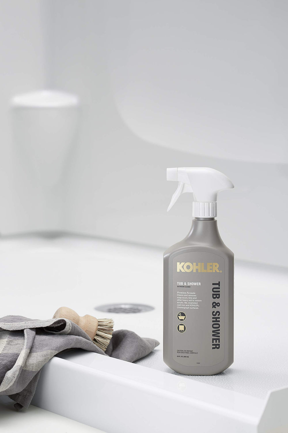 Kohler cleaner spray highlights easy bathroom refresh.