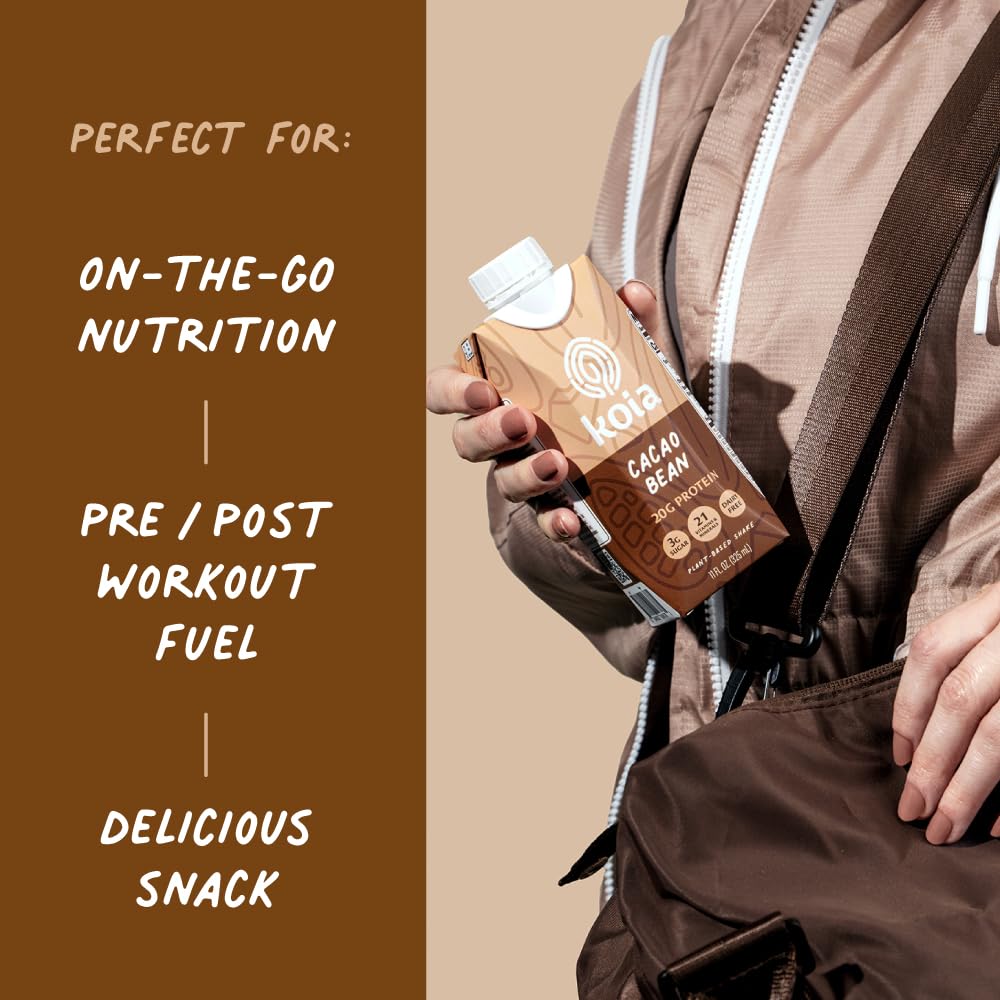 Koia Cacao Bean ingredients show plant-based proteins from brown rice, peas, and chickpeas