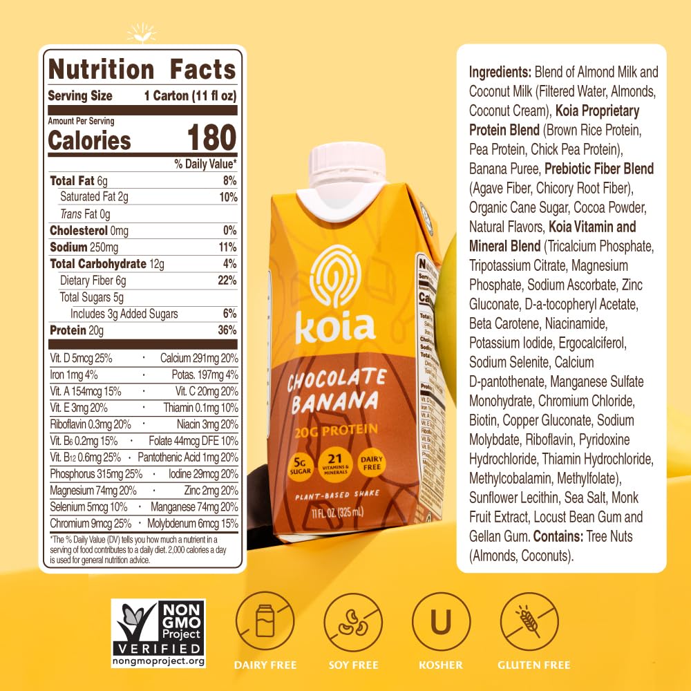 Koia Chocolate Banana label closeup, highlights plant-based protein