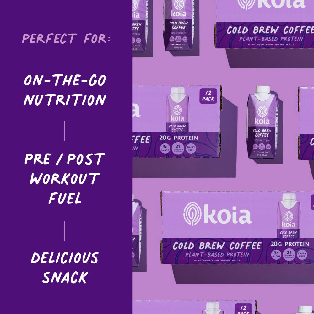 Koia dairy-free gluten-free badge seen on pack for allergen-friendly nutrition.