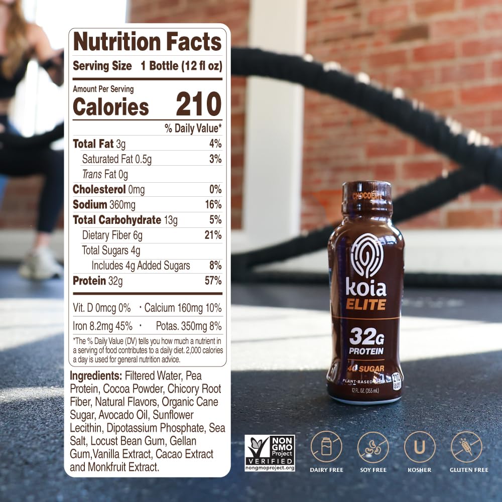 Koia Elite Chocolate label close-up highlights protein content and ingredients