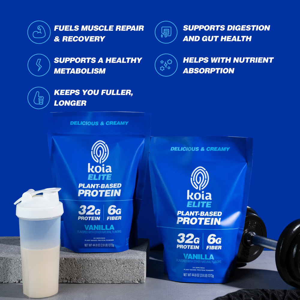Koia Elite Vanilla packaging with dairy-free and gluten-free badges serving multiple diets.
