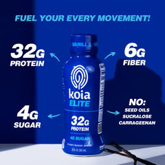 Koia Elite Vanilla nutrition panel highlights protein and fiber content.