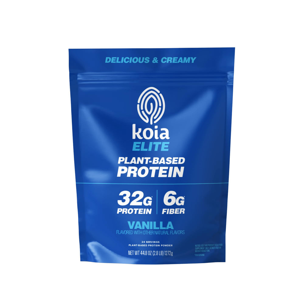 Koia Elite Vanilla protein powder tub front shows a dairy-free, workout-ready option.