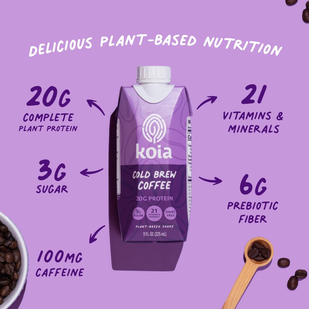 Koia protein-scoop beside ingredients highlighting 20g plant protein.