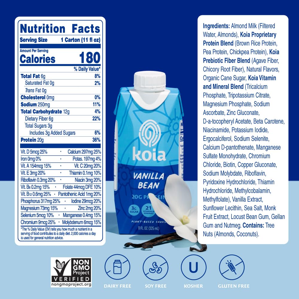 Koia Vanilla Bean bottle side view showcasing creamy texture