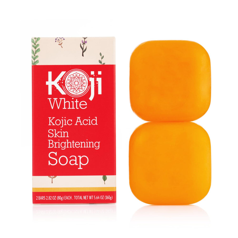 Koji White Pure Kojic Acid Soap bar shows brightening formula for even tone and gentle cleanse.
