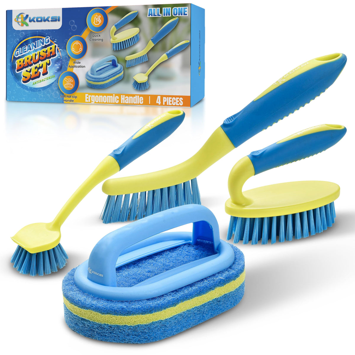 Koksi scrub brush set on bathroom tub for deep grime removal.