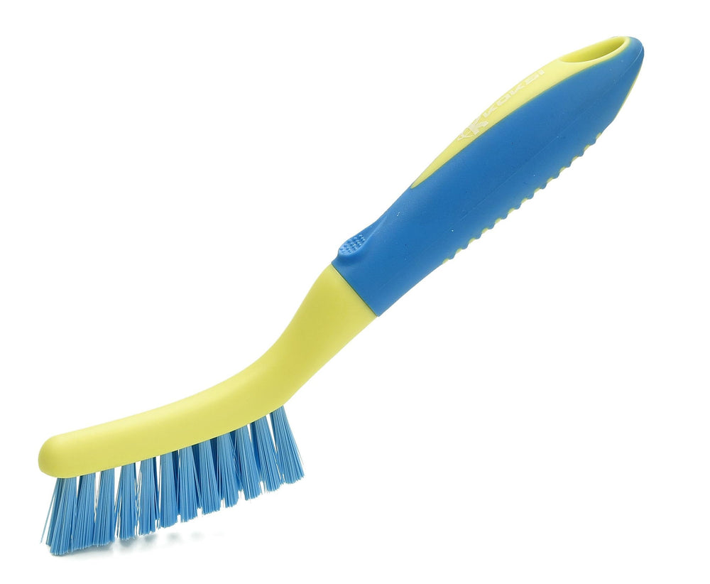 Koksi shower door brush removes soap scum from glass.