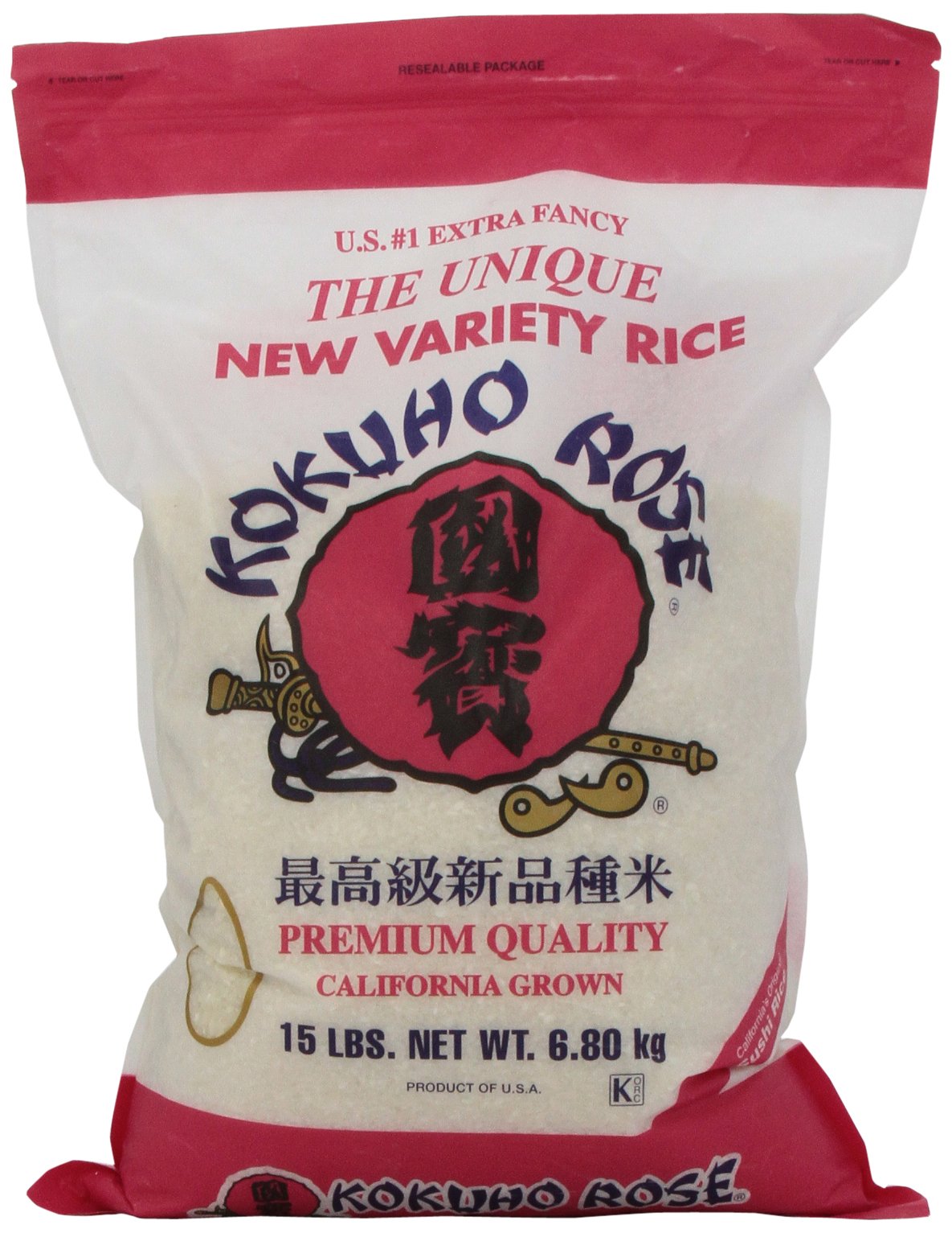 Kokuho Rose Rice 15-pound bag, ideal for family meals.