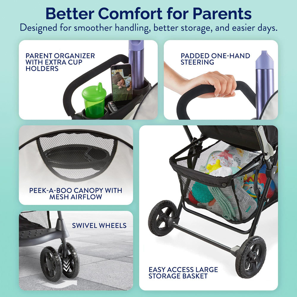 Kolcraft Cloud Plus parent tray keeps drinks within reach.