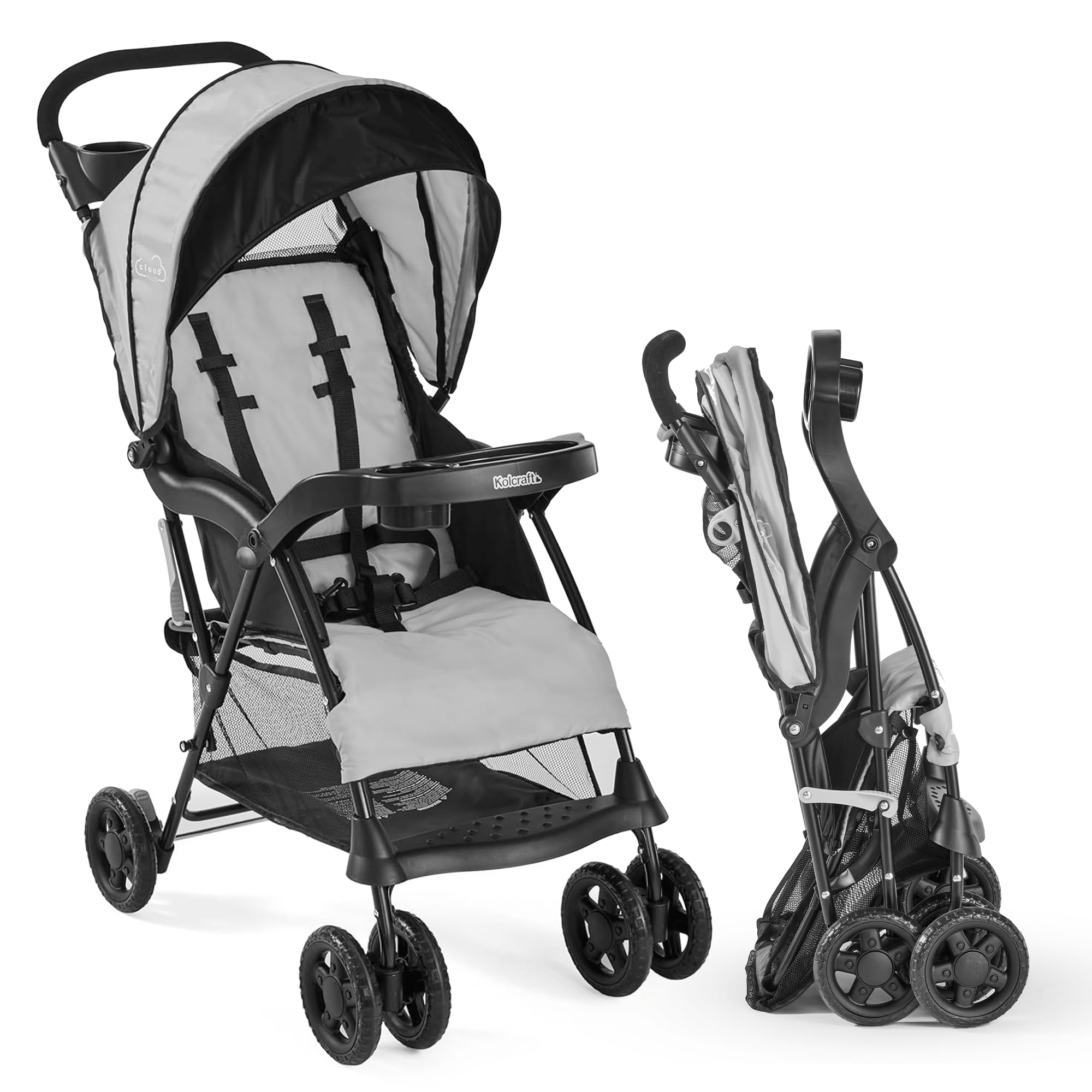 Kolcraft Cloud Plus slate gray stroller assembled for travel convenience.