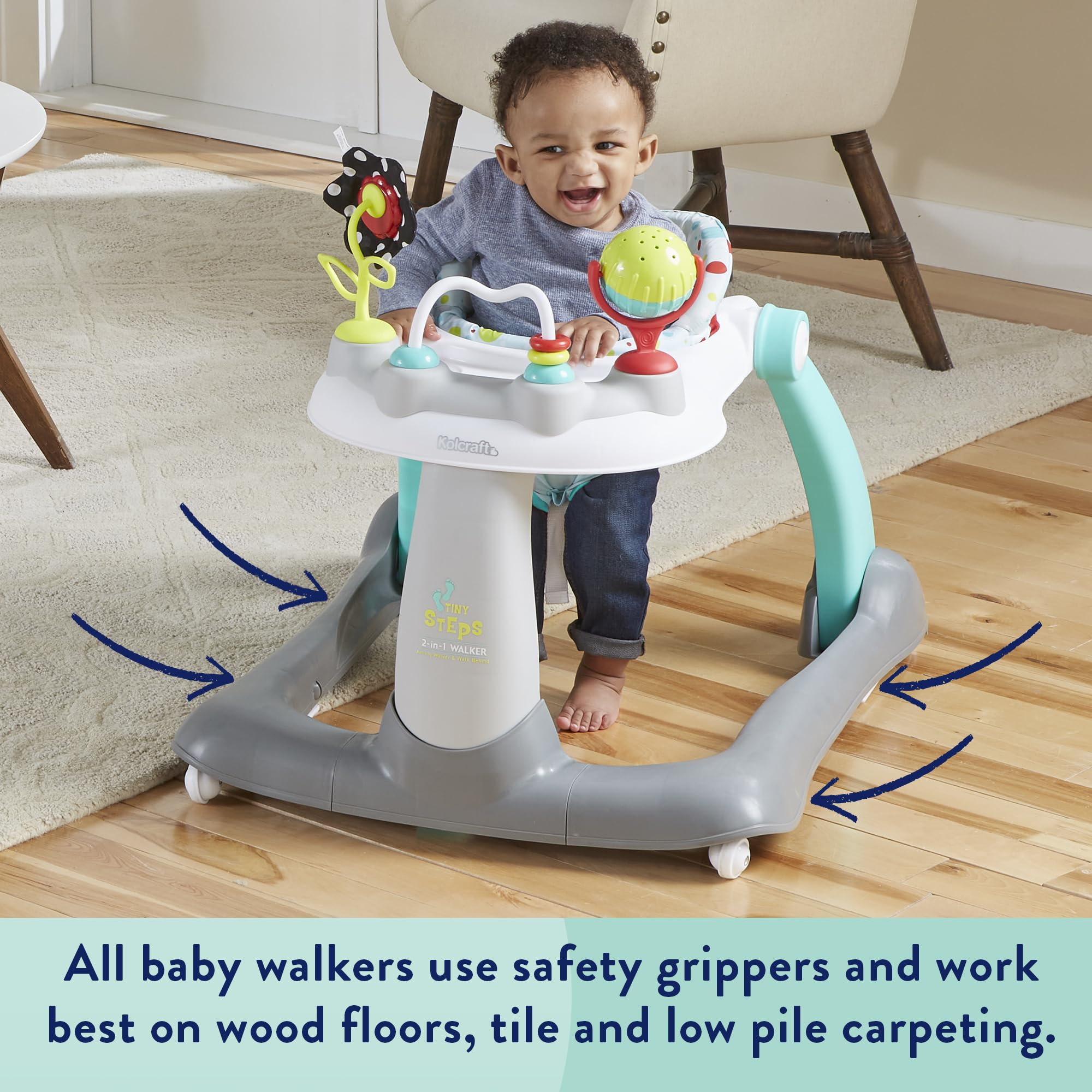 Kolcraft Tiny Steps bead track promotes reaching and finger dexterity.