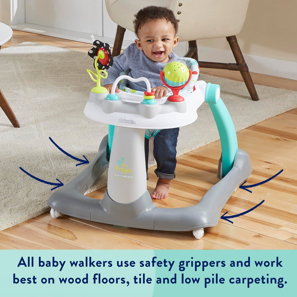 Kolcraft Tiny Steps bead track promotes reaching and finger dexterity.