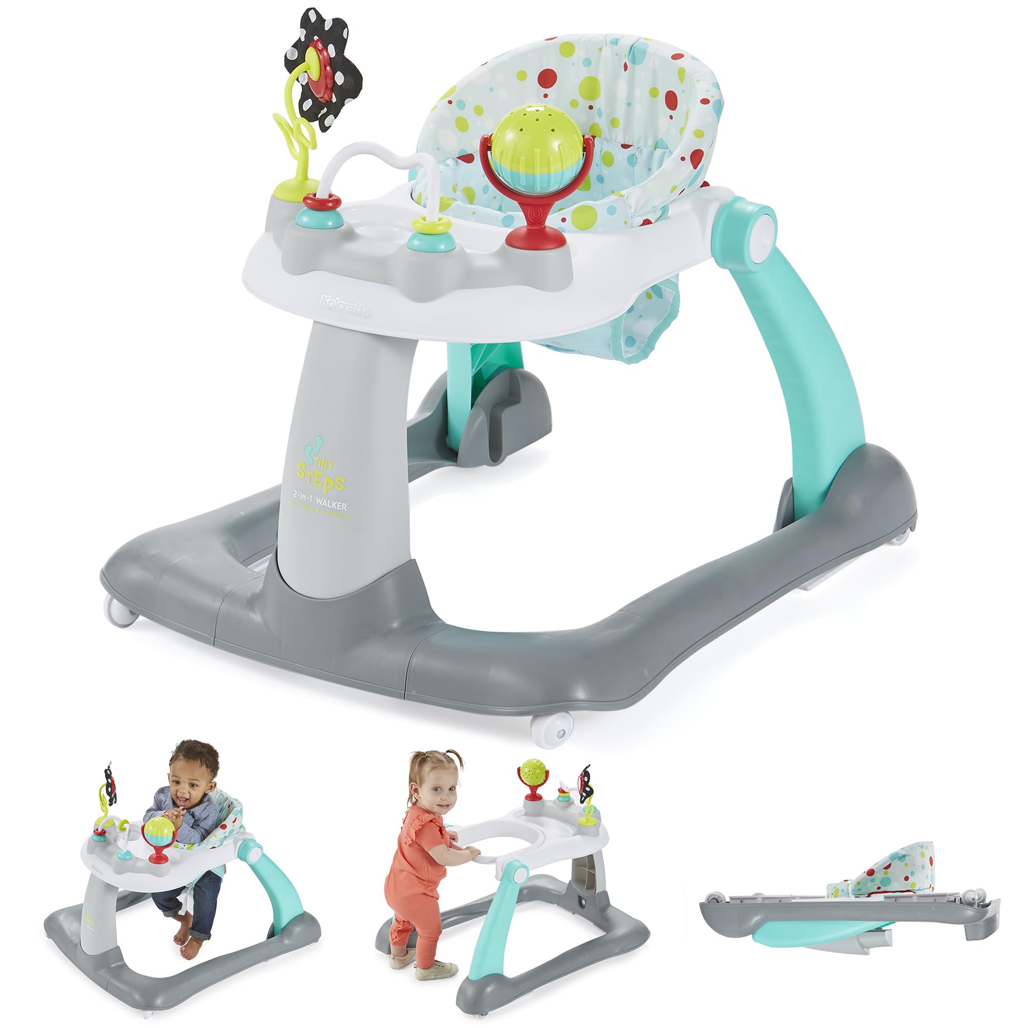 Kolcraft Tiny Steps walker with bubble design for engaging visual play and curiosity.