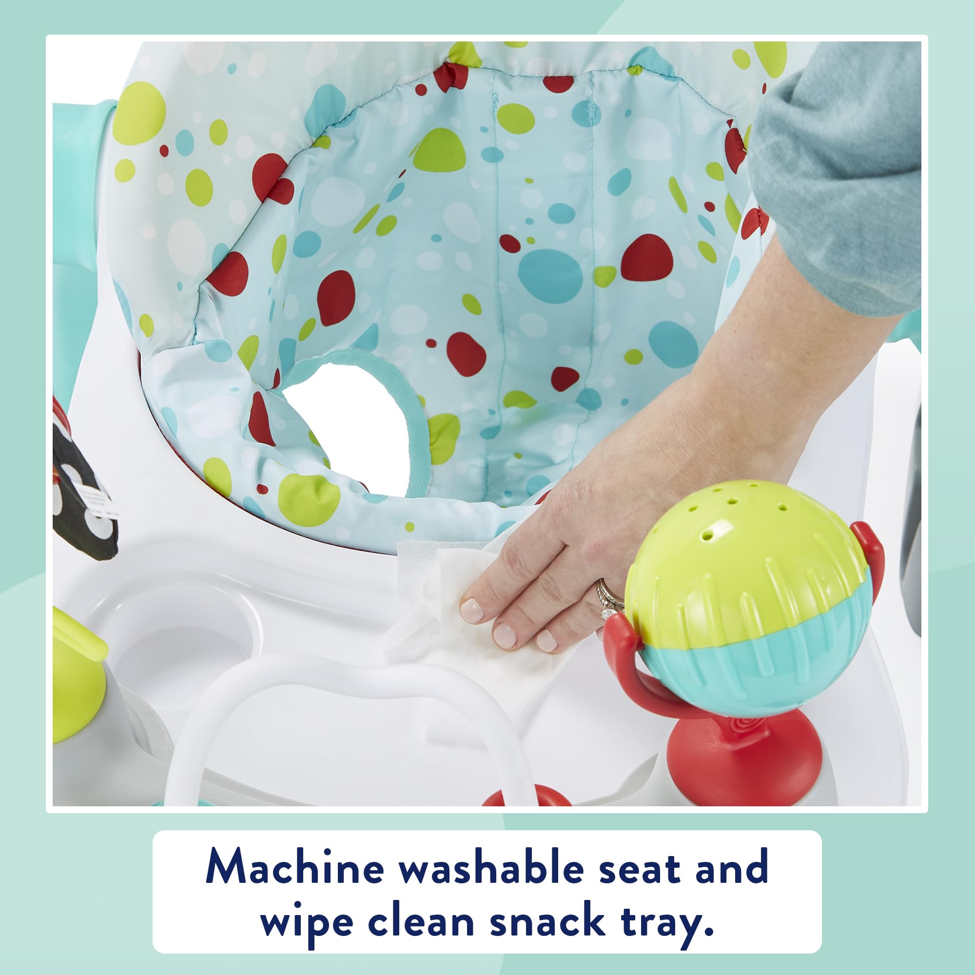 Kolcraft Tiny Steps giant spinning ball encourages dynamic hand-eye coordination.