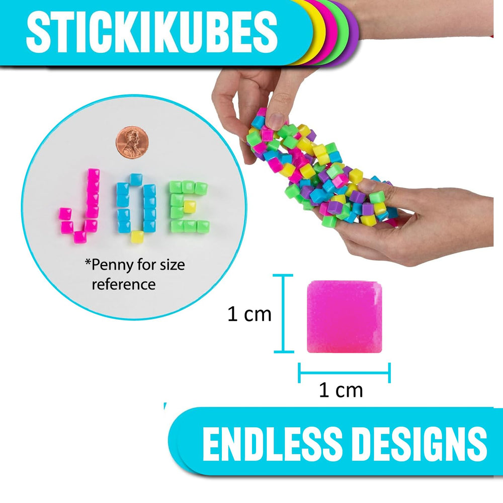 Bright neon StickiKubes creating 2D mosaics and 3D structures for kids