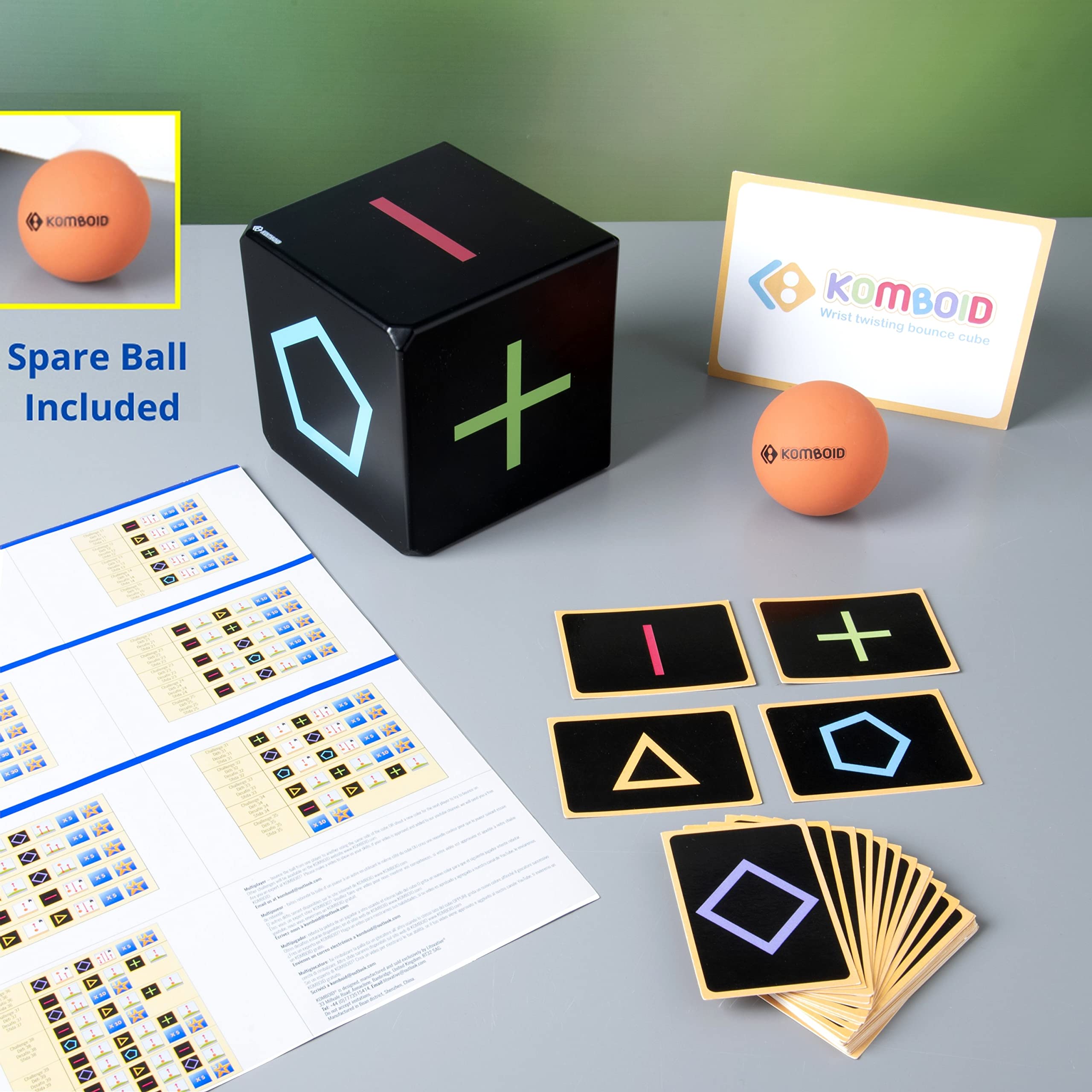 KOMBOID instruction cards and spare ball support extended play.