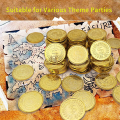 KOMIDK close-up of shiny gold plastic coins suitable for parties