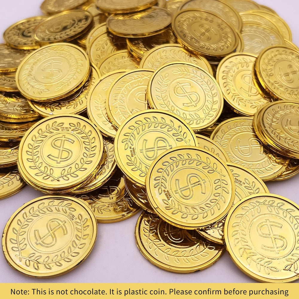 KOMIDK gold-plated plastic coins shown with a treasure chest for games