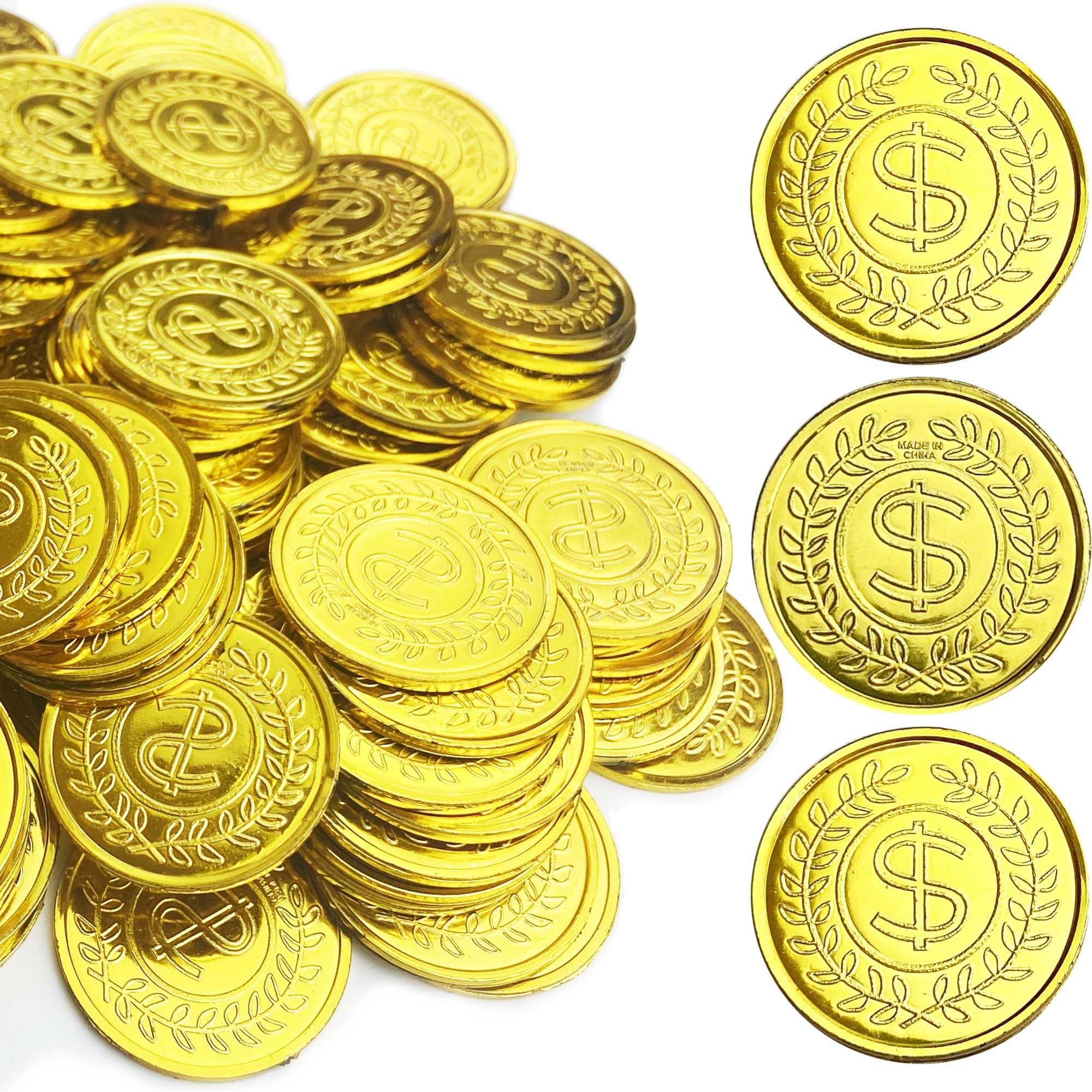KOMIDK pirate gold coins, 100 pieces, glittering plastic for treasure hunts
