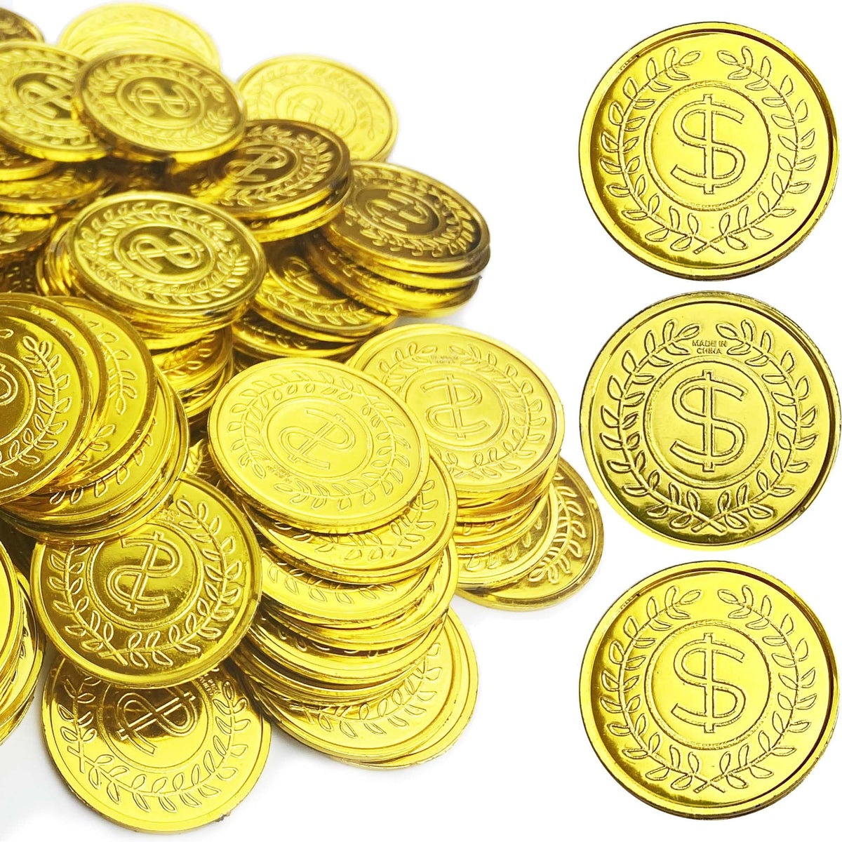 KOMIDK pirate gold coins, 100 pieces, glittering plastic for treasure hunts