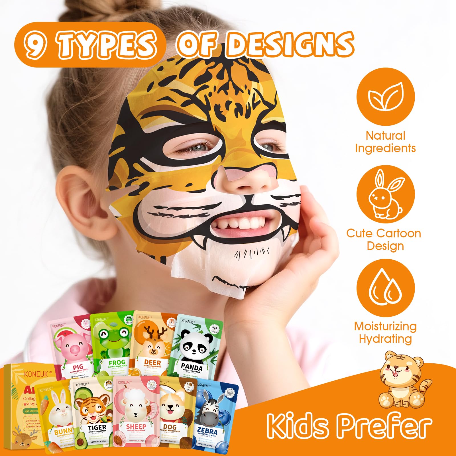 KONEUK tiger mask for kids provides hydration during fun spa moments.