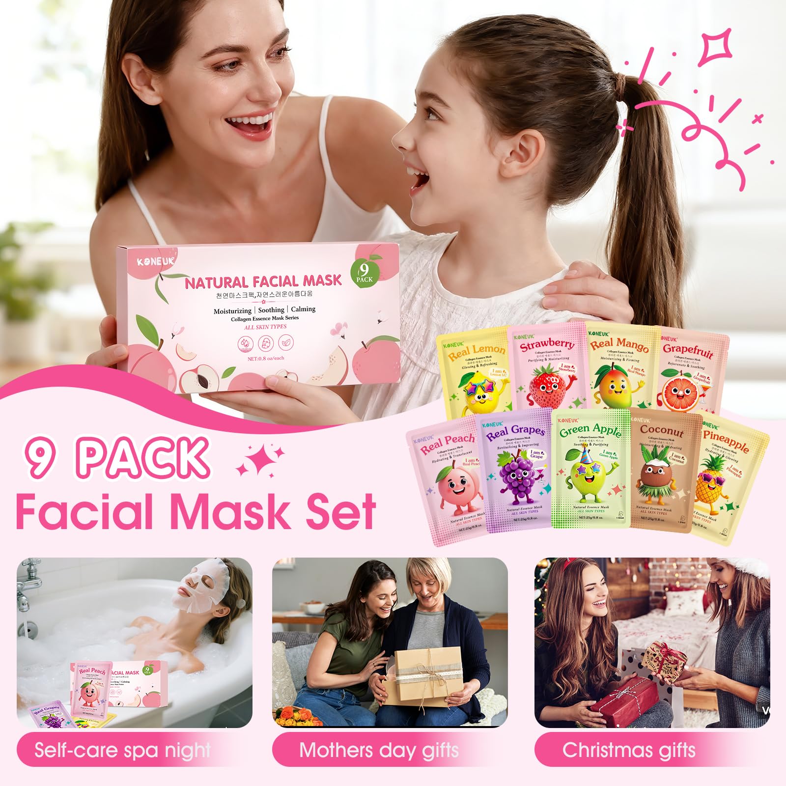 KONEUK 9-pack coconut mask, tropical scent for at-home pampering.