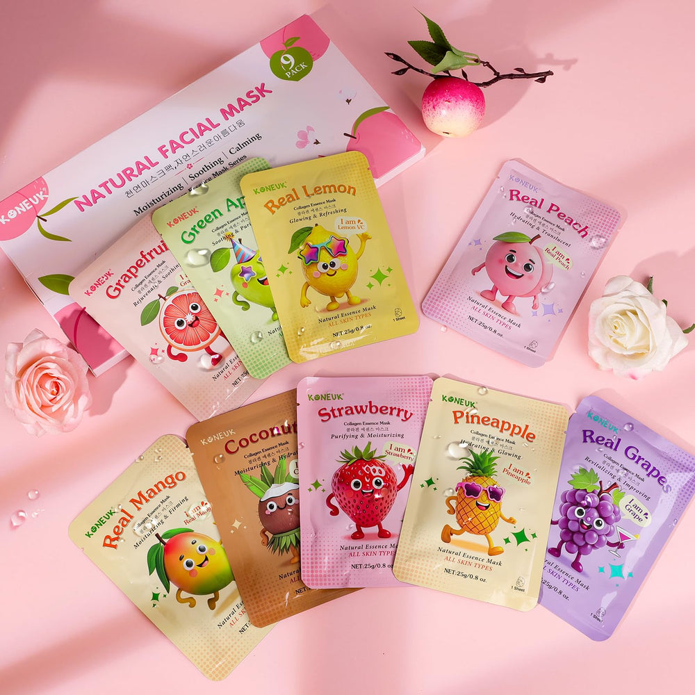 KONEUK 9-pack grapefruit-lemon-grape mask, vibrant design supports joyful routines.