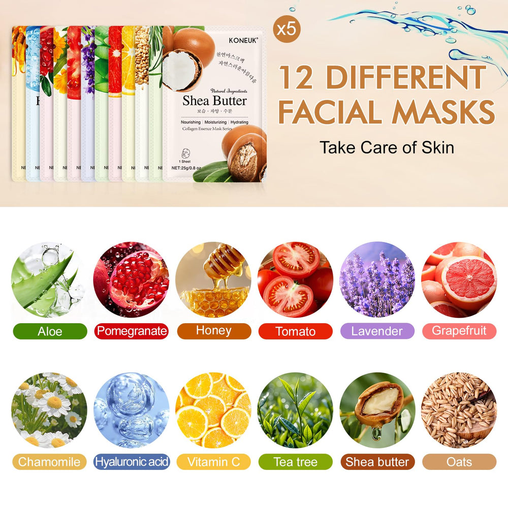 KONEUK collagen sheet mask individual packets show 12-type variety