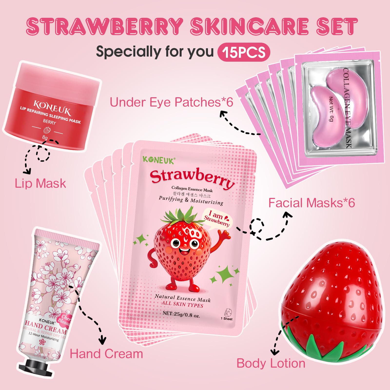 KONEUK strawberry face masks collection ready for hydrating skincare sessions.