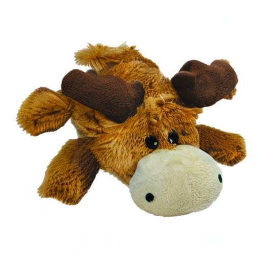 Dog enjoys quiet cuddle time with Marvin Moose plush toy.