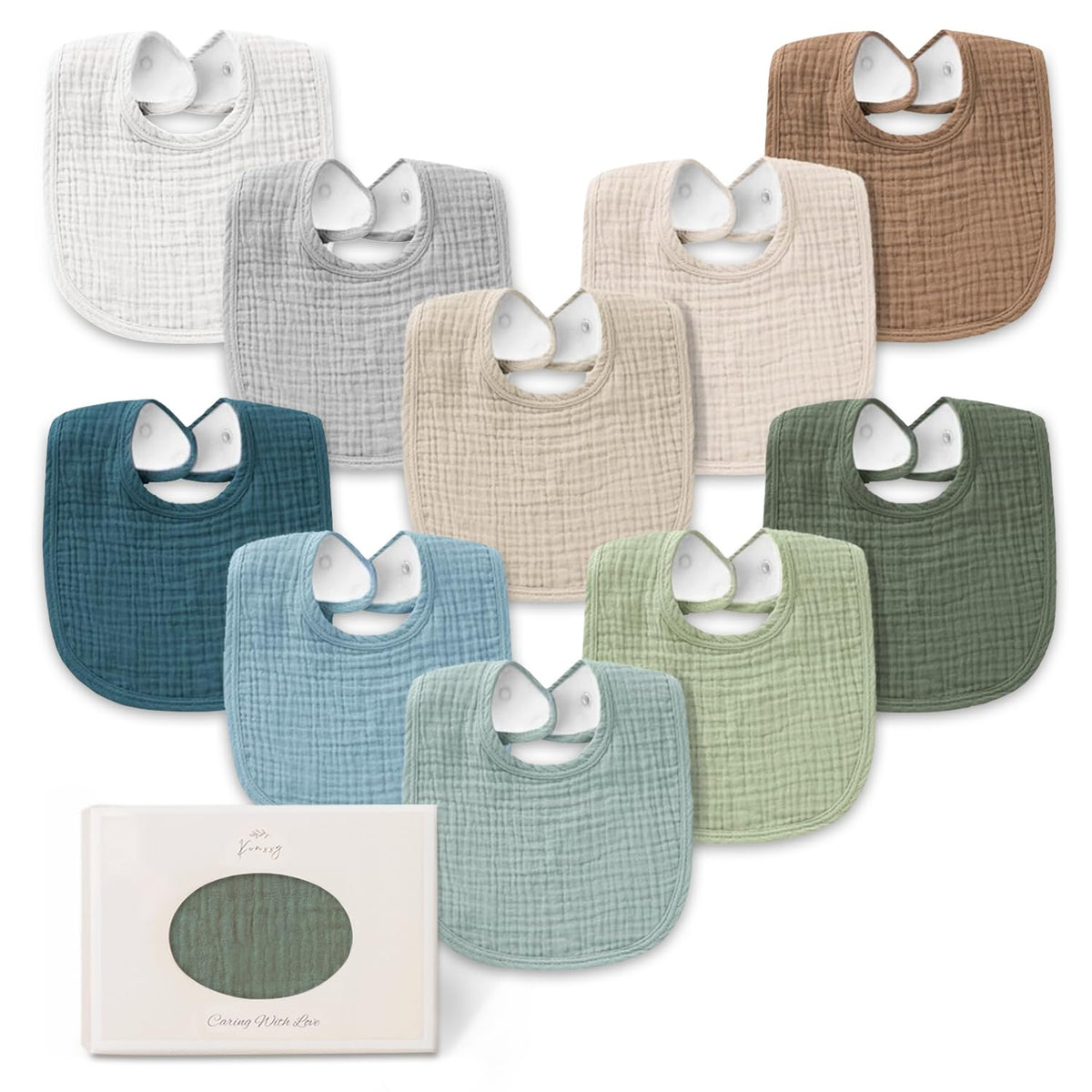 Konssy 10-pack muslin bibs in packaging, ideal for gifting and everyday care.
