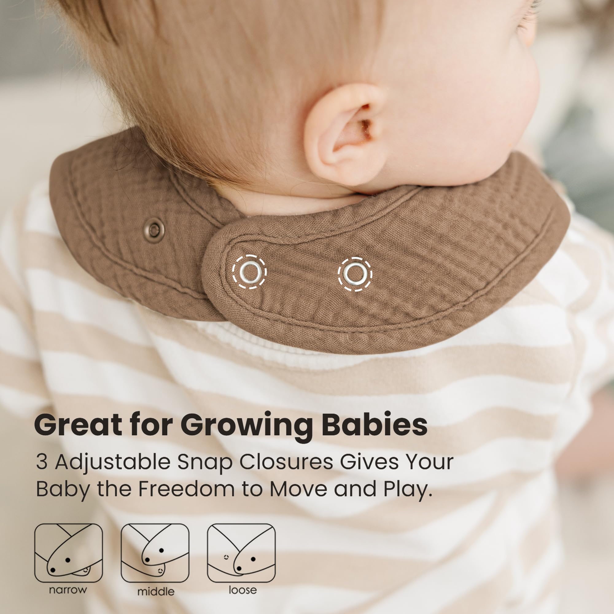 Konssy adjustable snaps demonstrate easy, snug fit for growing babies.
