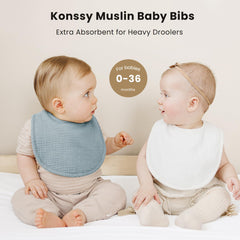 Konssy adjustable bibs with nickel-free snaps for safe fit.