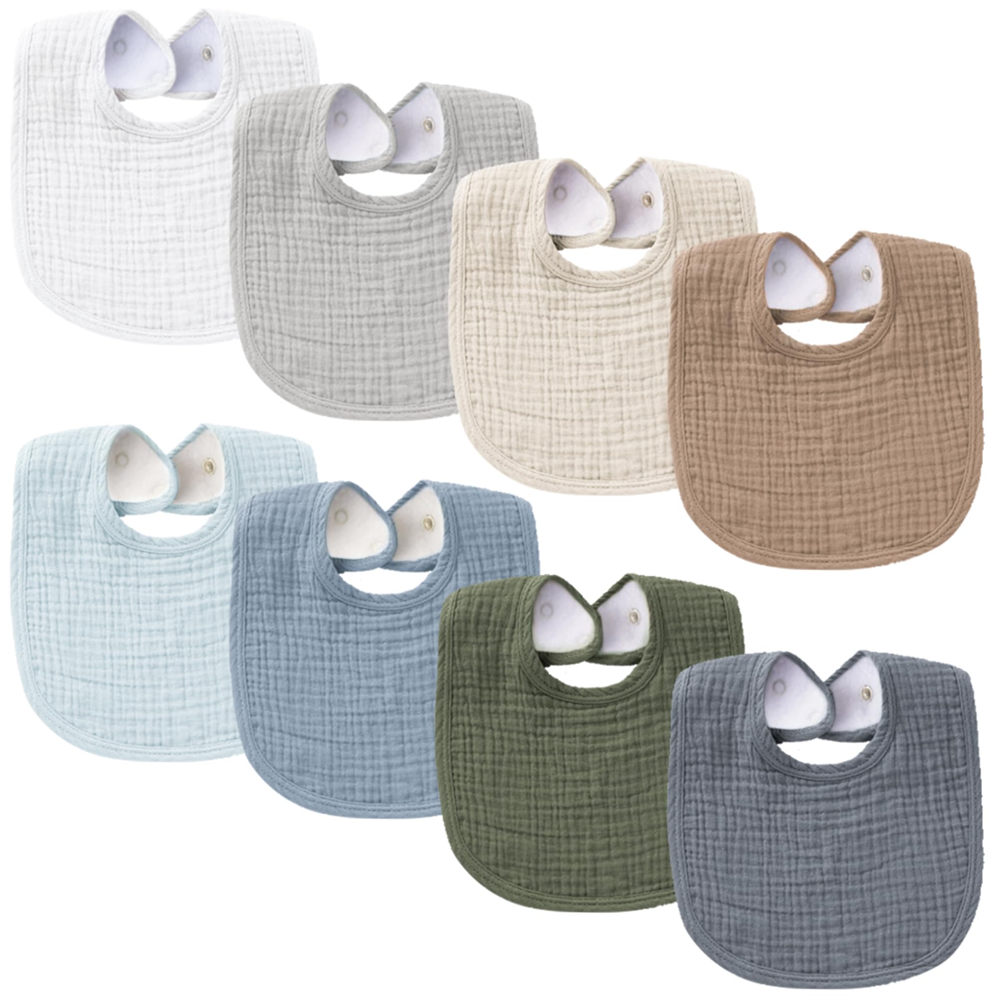 Konssy muslin baby bib with soft-absorbent front catching drips and drool.