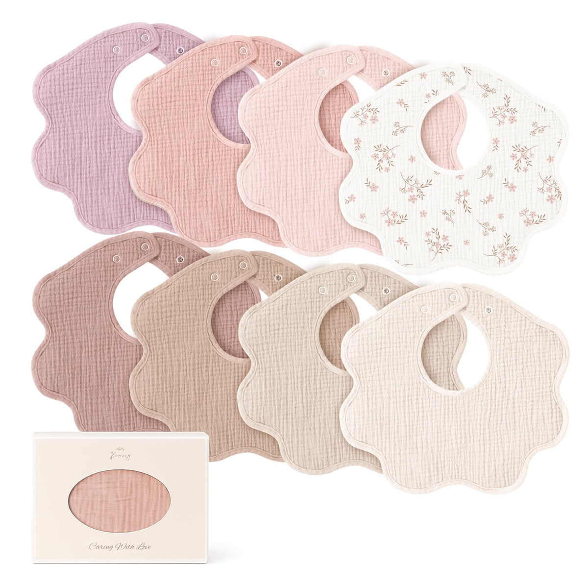 Konssy Muslin Baby Bibs 8-pack: soft cotton bibs offer gentle absorption.
