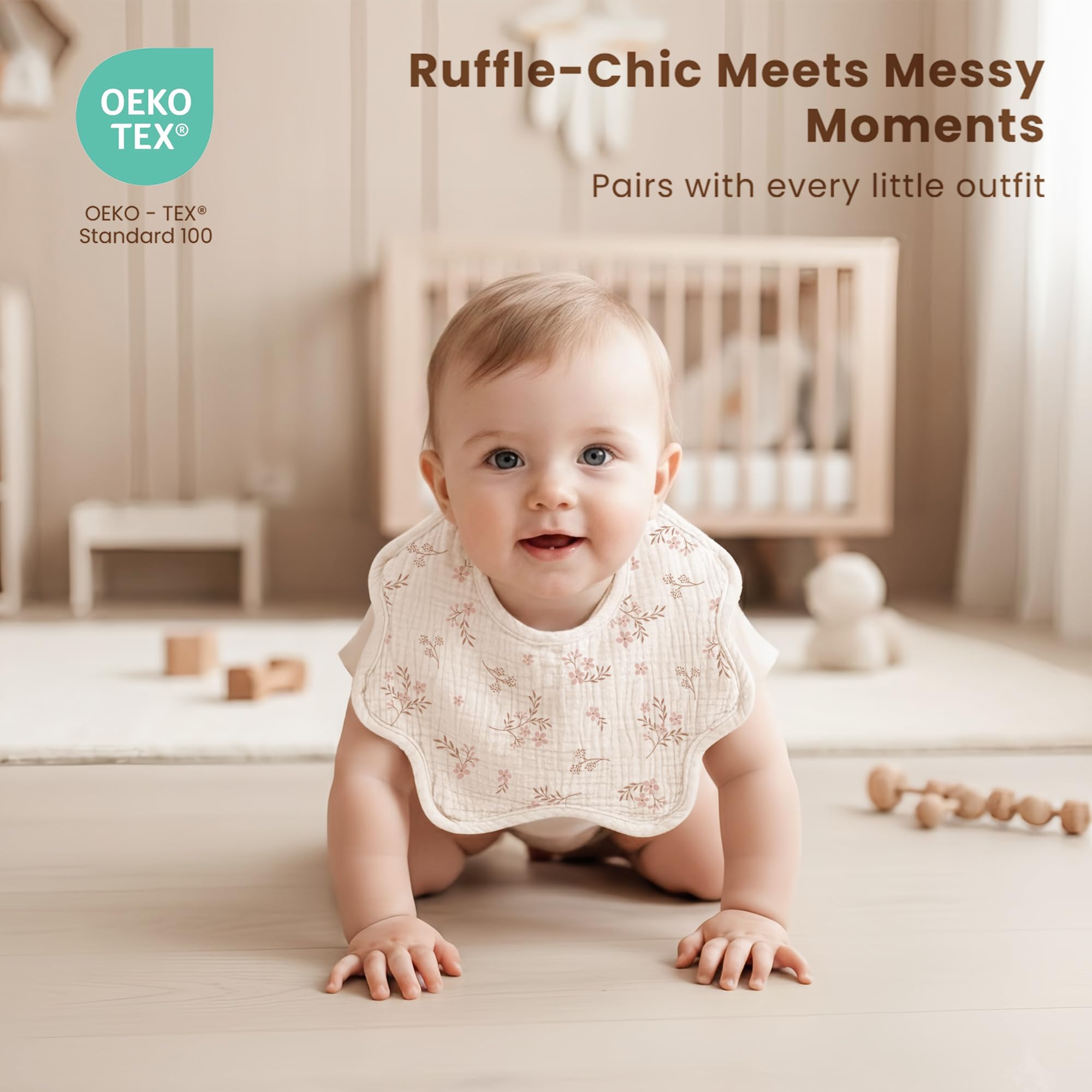 Konssy bibs feature adjustable snaps for a comfortable, growing fit.