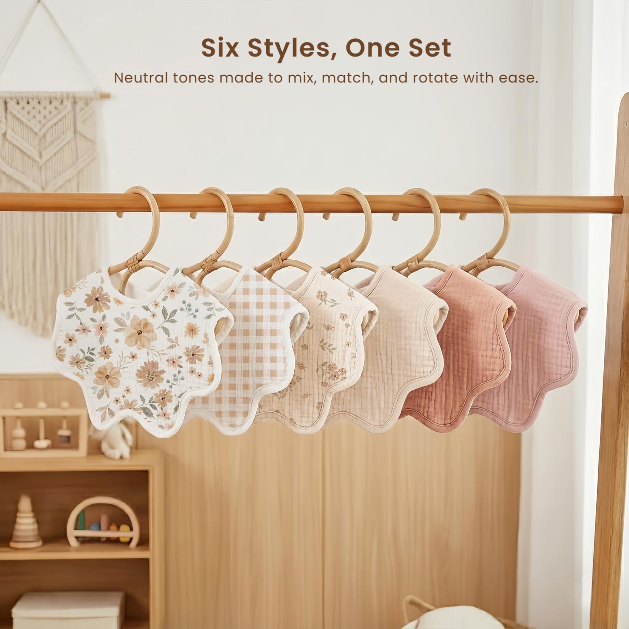 Konssy Muslin Baby Bibs drying care on rack showing quick air-dry.
