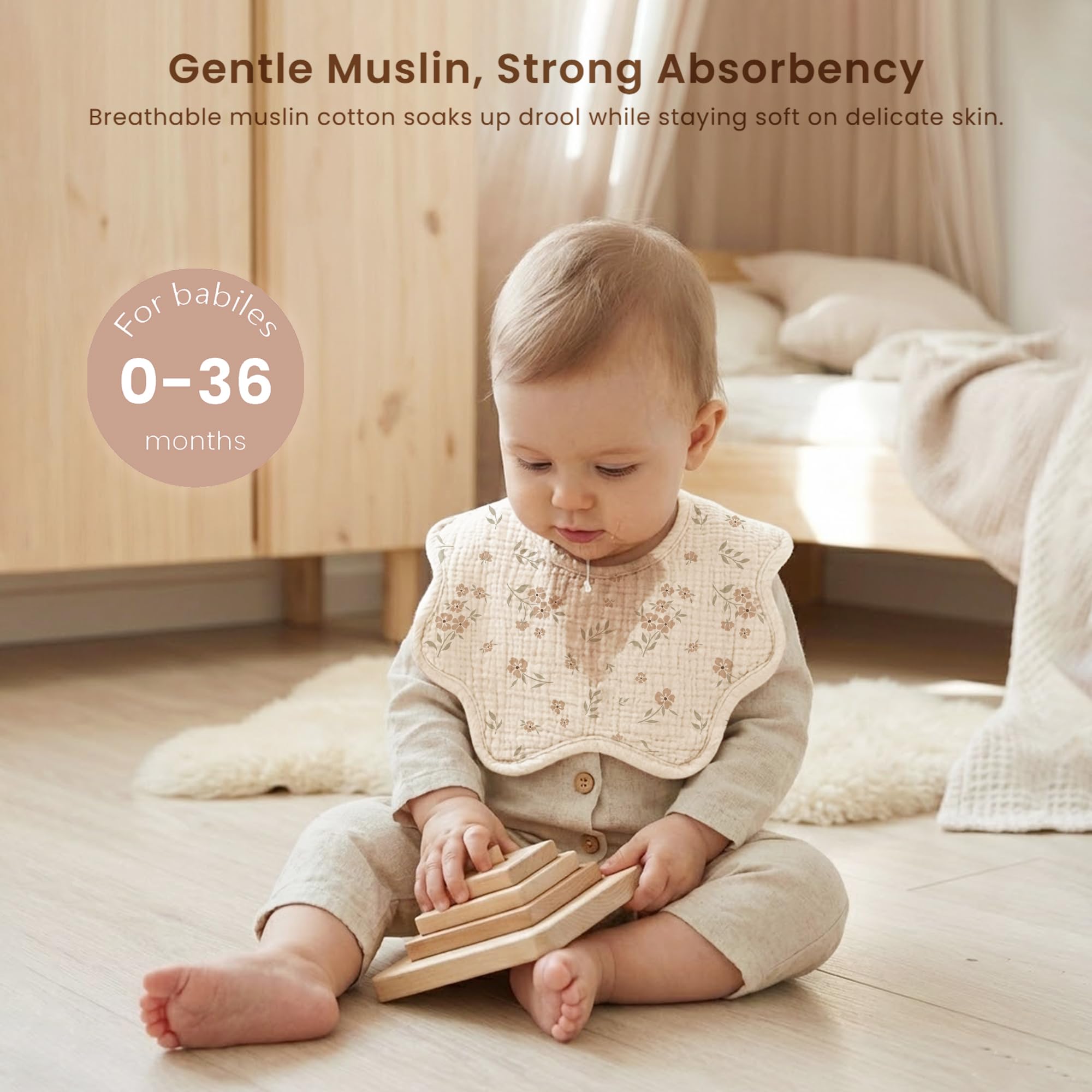 Konssy Muslin Baby Bibs fabric close-up highlights breathable cotton for gentle skin contact.