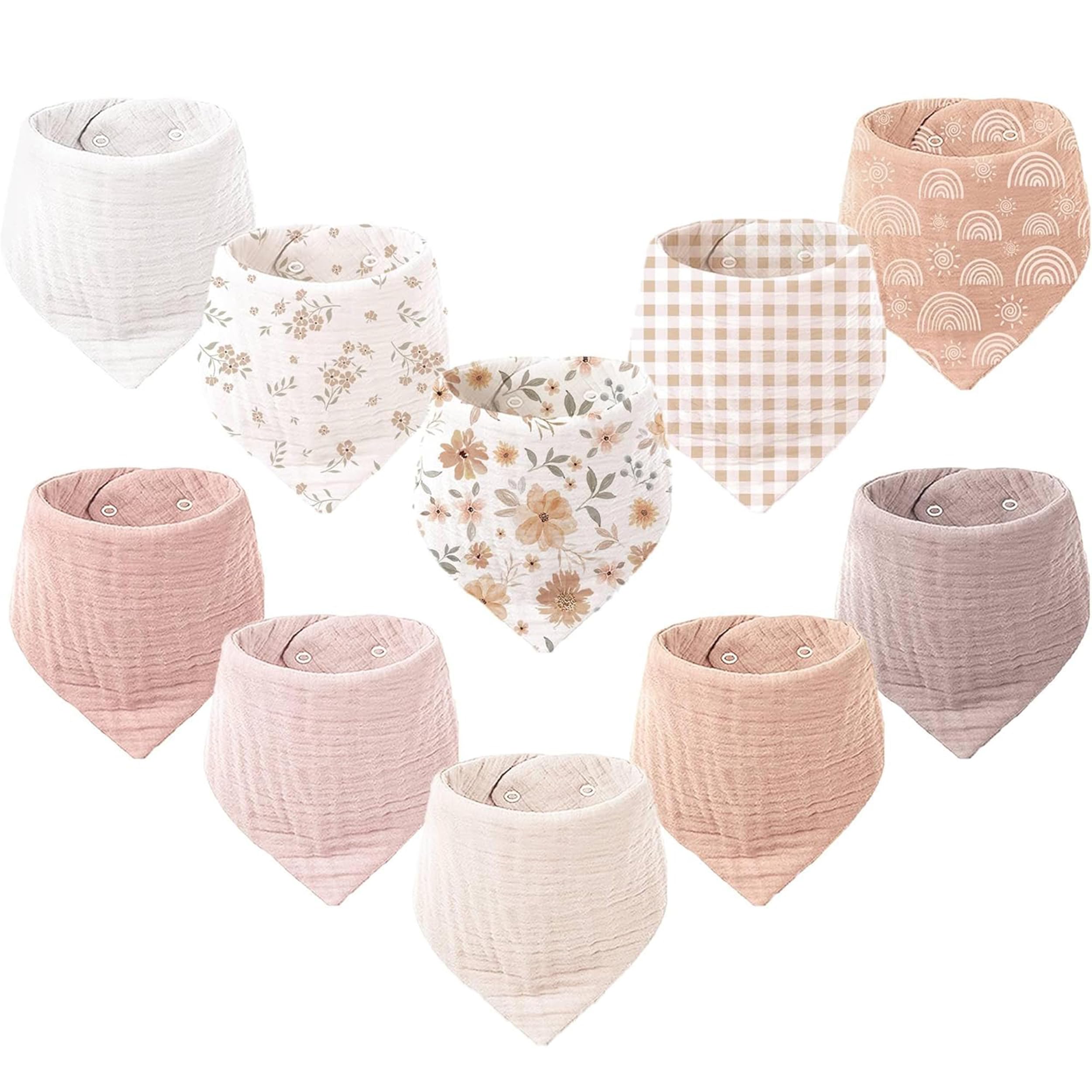 Konssy Muslin Baby Bibs pack front view, soft absorbent fabric for drool control